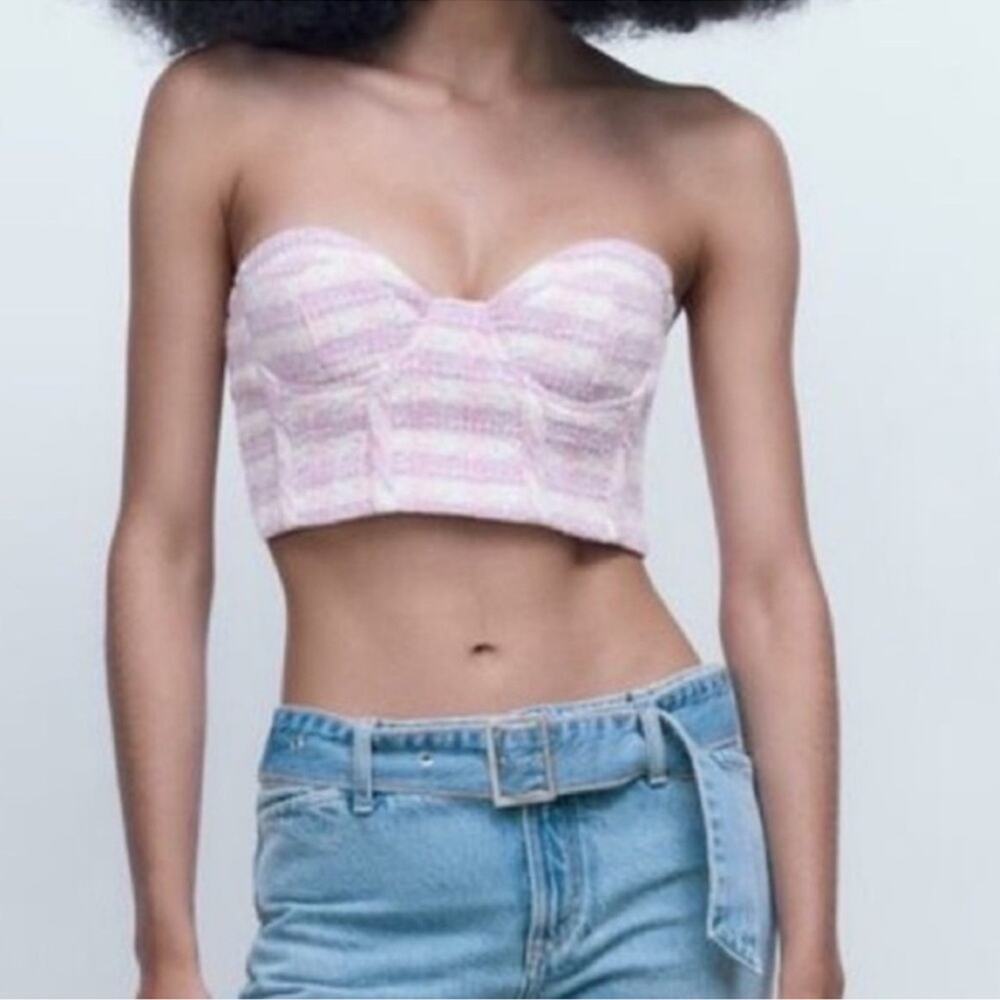 ZARA pink purple & white Tweed Crop Top Bustier M NWT - Picture 9 of 12